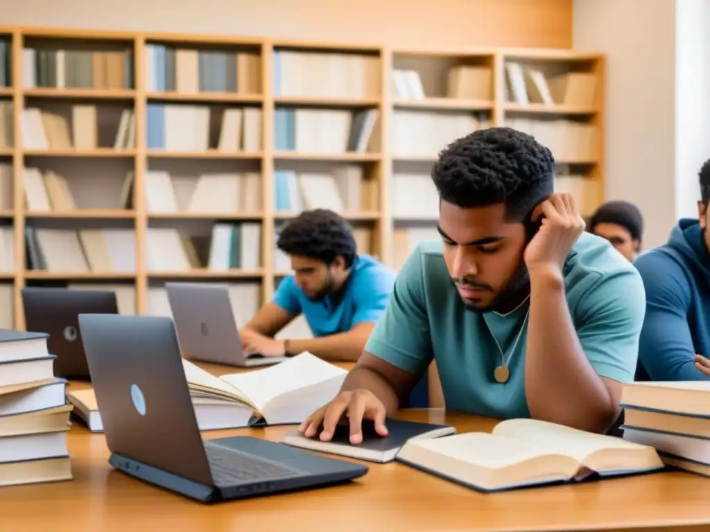 Estudiantes uruguayos enfocados en sus estudios en una sala de estudio moderna y luminosa, reflejando determinación y colaboración