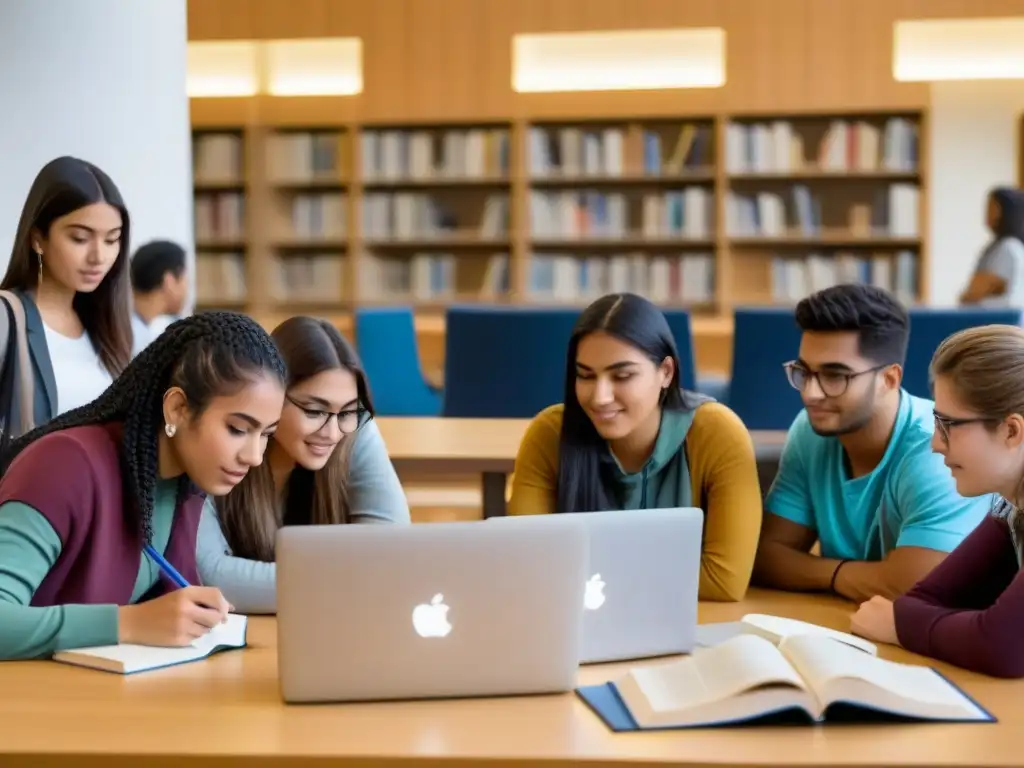 Estudiantes uruguayos se enfocan en sus estudios en biblioteca universitaria moderna