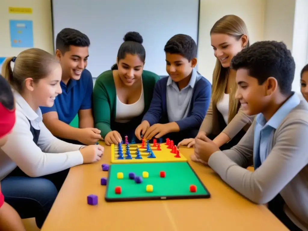 Estudiantes uruguayos disfrutan de la evaluación lúdica en aulas uruguayas, colaborando en juegos educativos con entusiasmo y creatividad