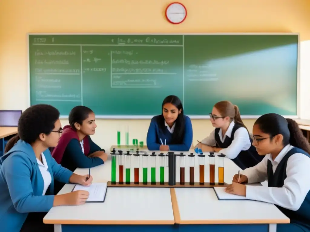 Estudiantes uruguayos realizando experimento de física en aula iluminada