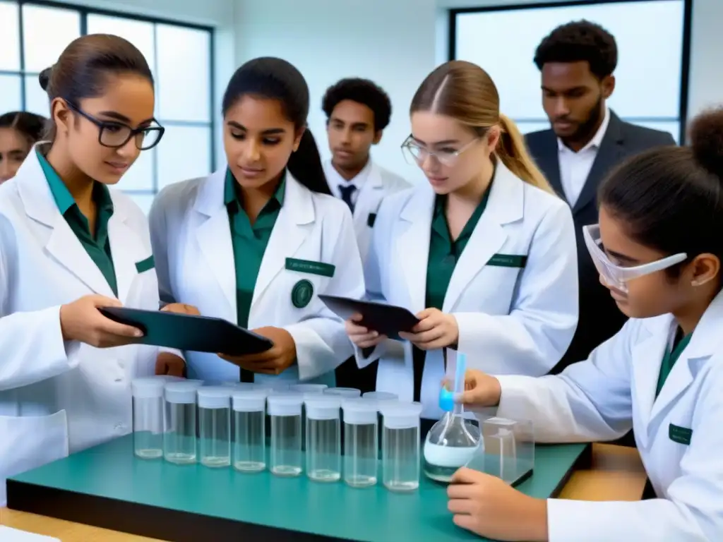 Estudiantes uruguayos realizando experimentos científicos en un aula moderna, fomentando las ciencias ciudadanas en Uruguay