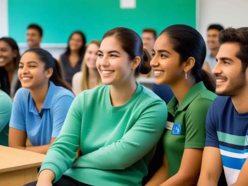 Estudiantes uruguayos y extranjeros comparten conocimientos en un aula moderna, reflejando los beneficios de los intercambios estudiantiles en Uruguay