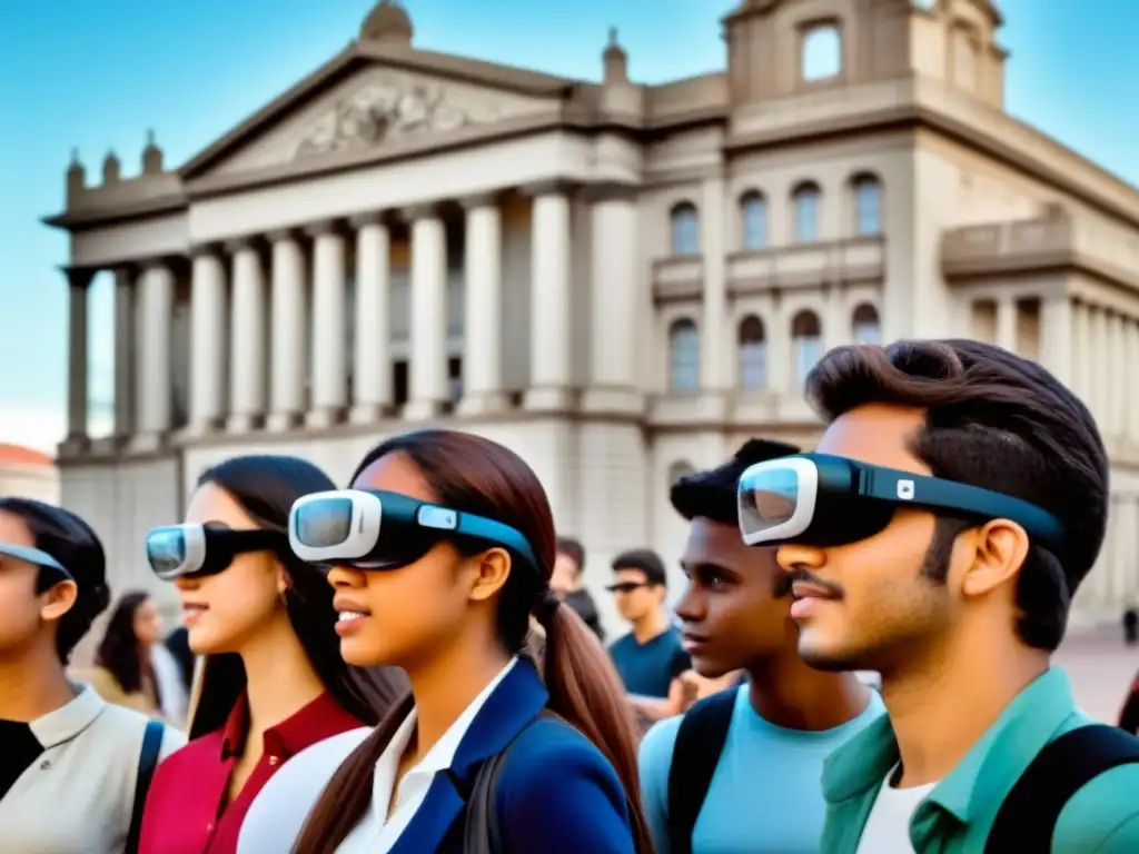 Estudiantes uruguayos usando gafas de realidad aumentada frente a monumentos históricos en Montevideo