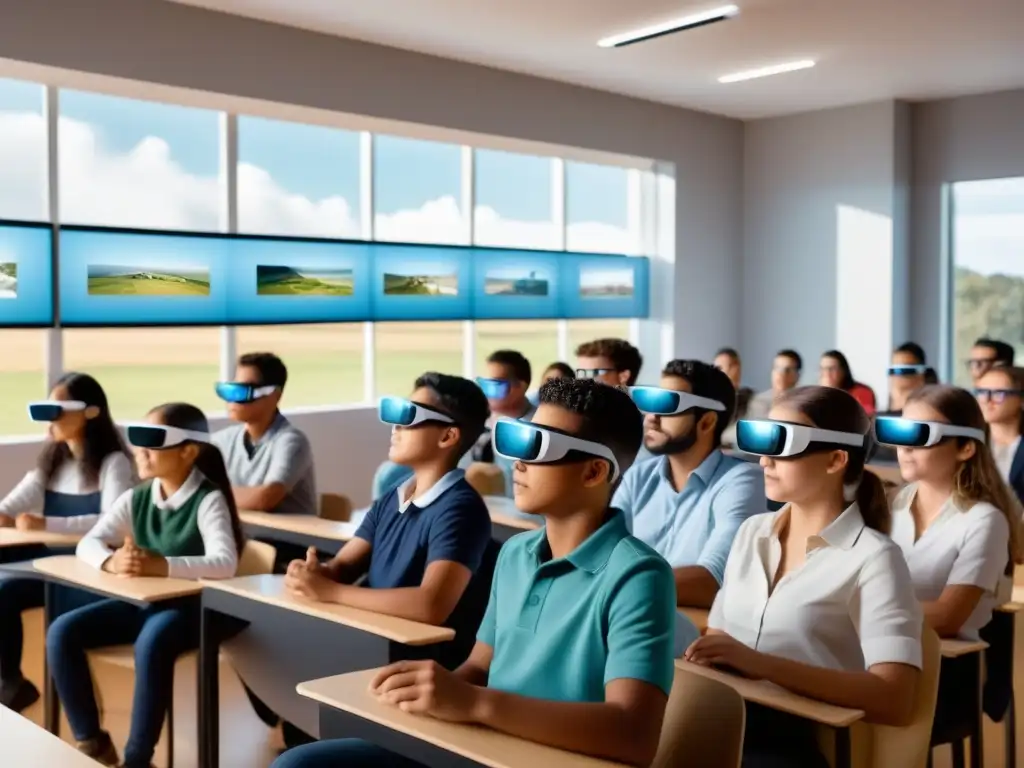 Estudiantes uruguayos usan gafas de realidad aumentada en clase, interactuando con contenido educativo virtual