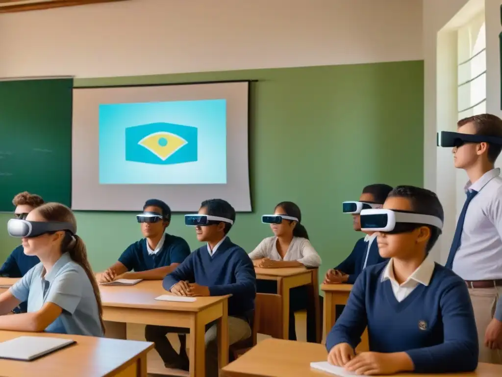 Estudiantes uruguayos usando gafas de realidad aumentada en el aula, interactuando con elementos virtuales