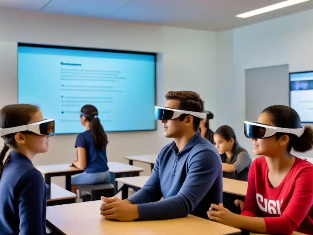 Estudiantes uruguayos usando gafas de realidad aumentada en un aula futurista, demostrando la innovación educativa en Uruguay