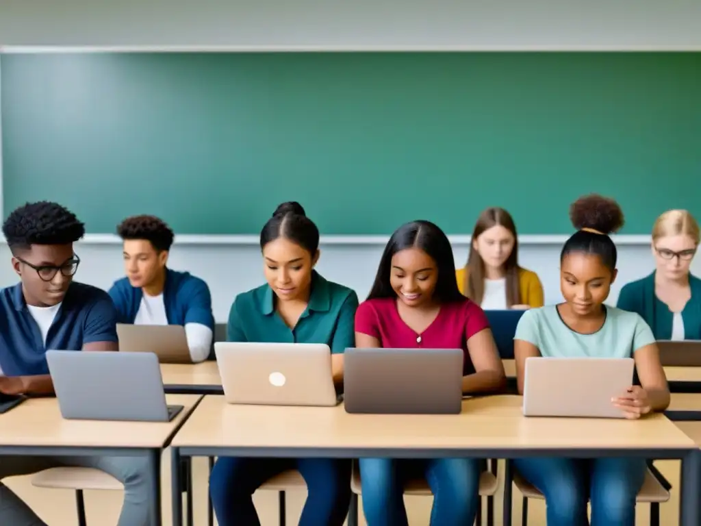 Estudiantes uruguayos desarrollando habilidades digitales en un aula moderna y equipada