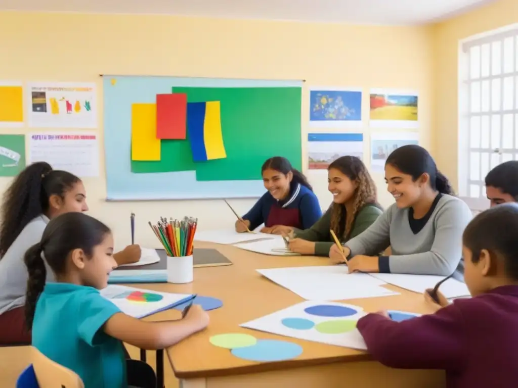 Estudiantes uruguayos aprenden idiomas con arte y música en un aula vibrante