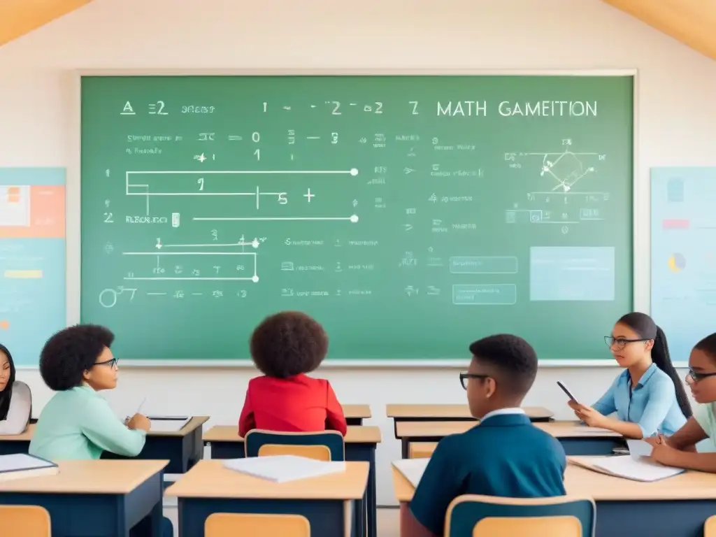 Estudiantes uruguayos inmersos en una actividad de gamificación de matemáticas y ciencias en un aula moderna y colorida