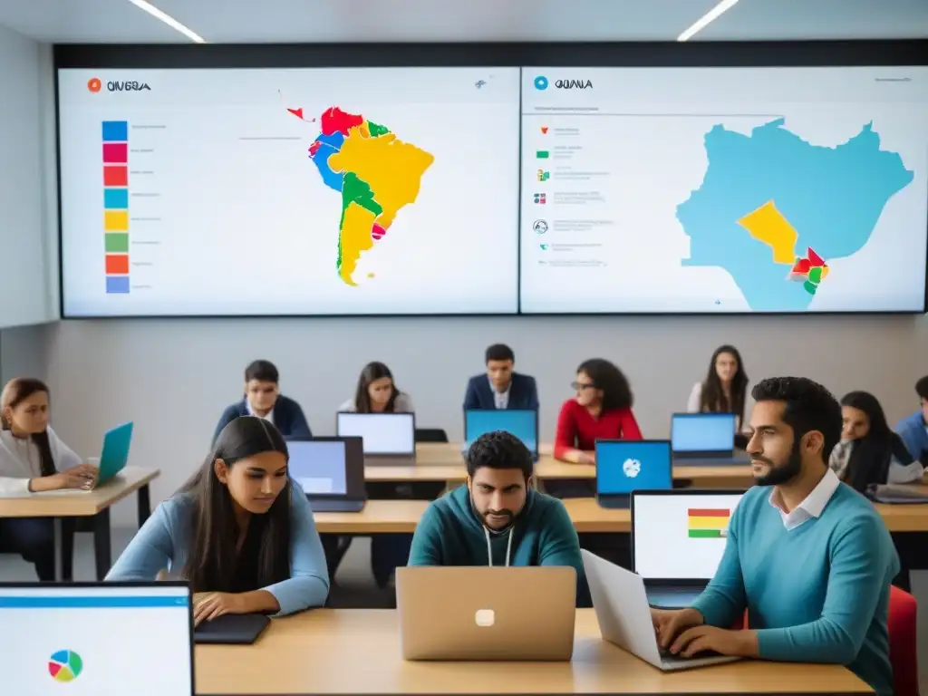 Estudiantes uruguayos colaborando online en educación, inmersos en pantallas digitales con gráficos coloridos y mapas de Uruguay