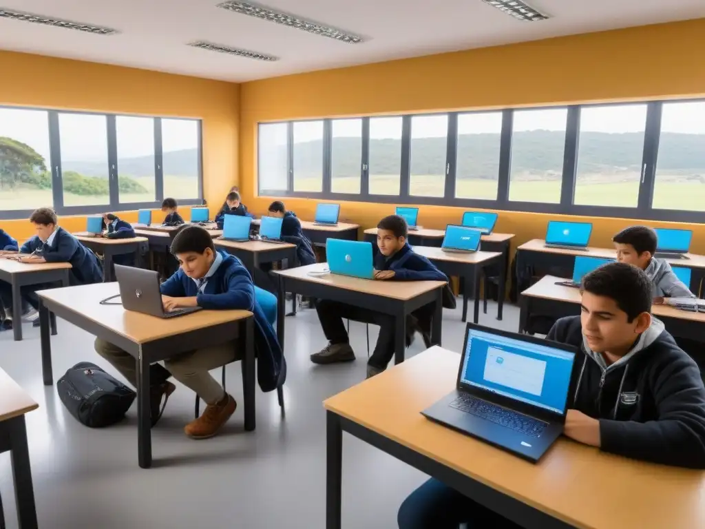 Estudiantes uruguayos inmersos en proyectos IoT en aula luminosa con carteles inspiradores y herramientas educativas mixtas