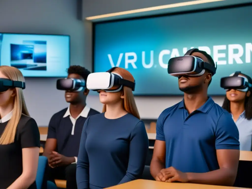 Estudiantes uruguayos inmersos en realidad aumentada, aprendiendo de forma activa en un aula moderna y tecnológica
