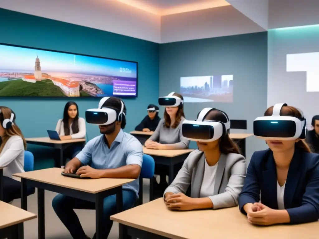 Estudiantes uruguayos inmersos en la Realidad Virtual en Educación, explorando una ciudad futurista con materiales de aprendizaje digitales