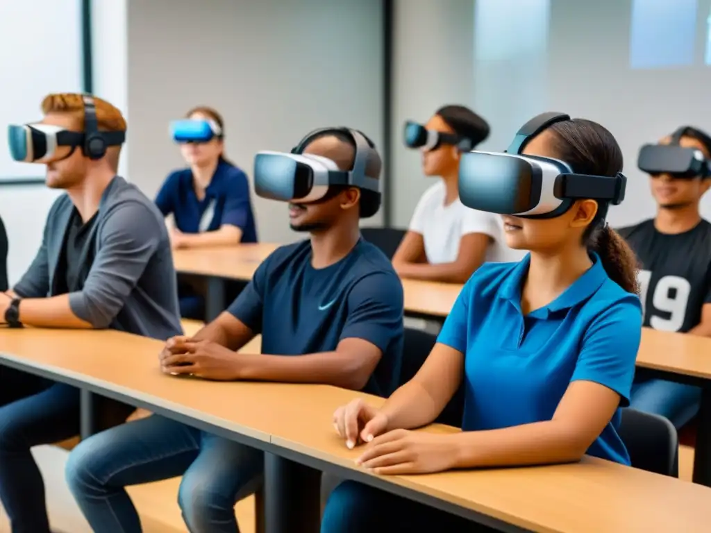 Estudiantes uruguayos inmersos en la realidad virtual en un aula futurista, demostrando innovación educativa