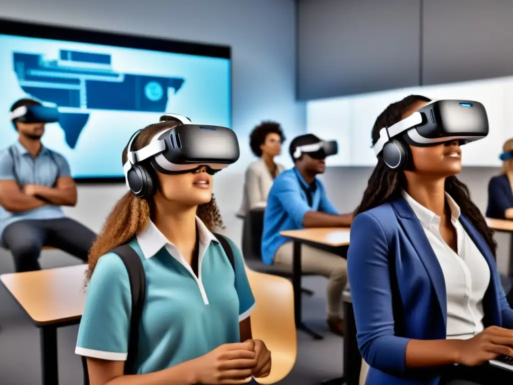 Estudiantes uruguayos inmersos en la Realidad Virtual en un aula moderna y futurista