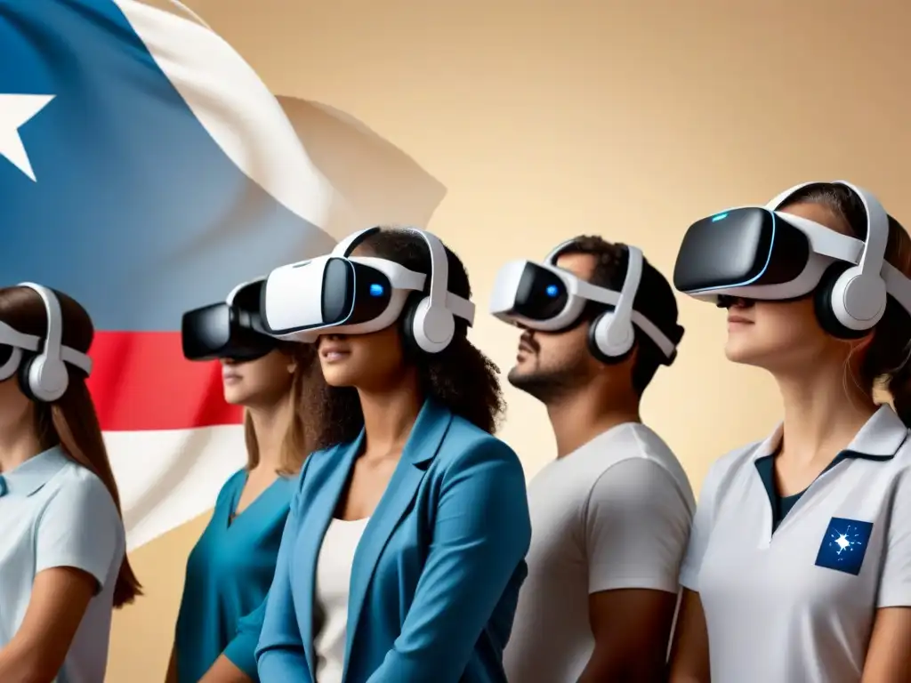 Estudiantes uruguayos inmersos en la realidad virtual, con la bandera de Uruguay de fondo