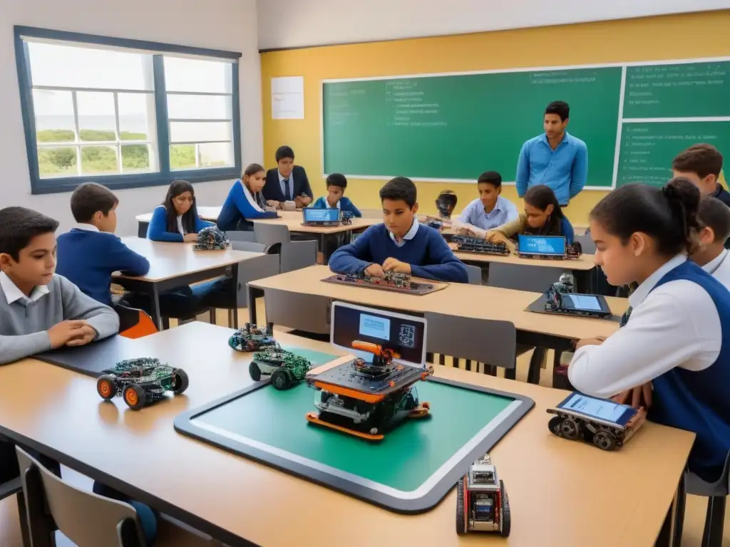 Estudiantes uruguayos inmersos en la robótica educativa, colaborando y programando robots en un aula vibrante