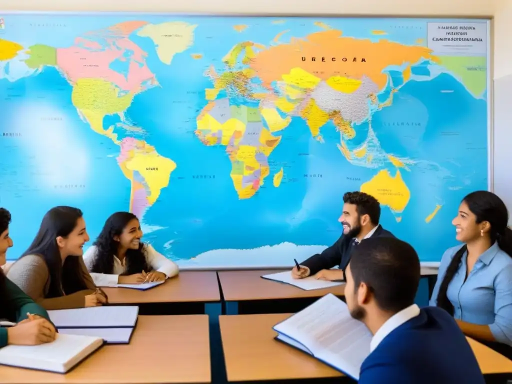 Estudiantes uruguayos conversando en un intercambio de idiomas, enriqueciendo el multilingüismo y la diversidad cultural en un aula moderna