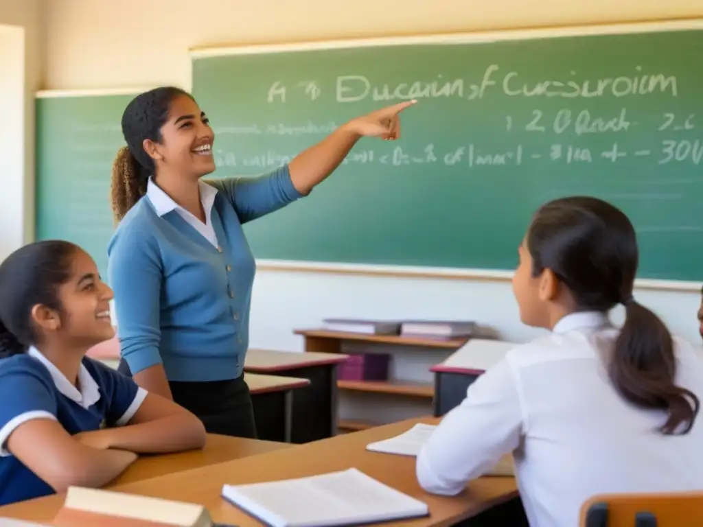 Estudiantes uruguayos y maestro en aula discutiendo, con libros y materiales educativos, enfocados en educación y derechos humanos