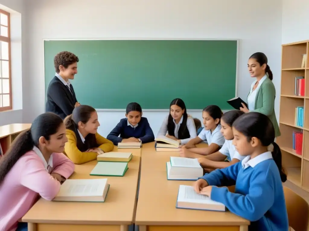 Estudiantes uruguayos colaborando en métodos de enseñanza de idiomas, ambiente sereno de intercambio cultural y trabajo en equipo