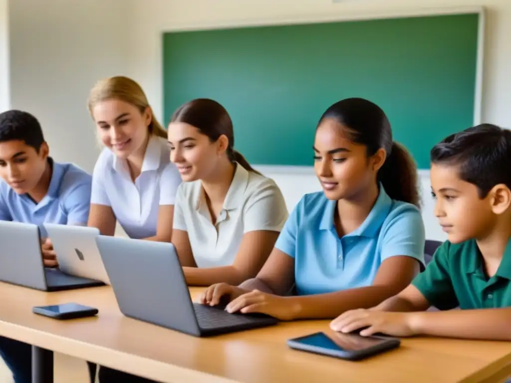 Estudiantes uruguayos innovan con IA en el aula Estudiantes uruguayos colaboran con IA en moderna aula, fomentando innovación y trabajo en equipo