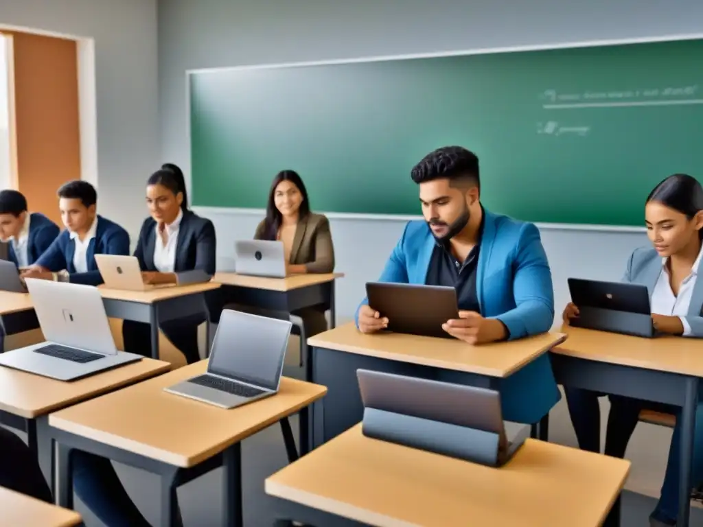 Estudiantes uruguayos disfrutan de la personalización del aprendizaje con tecnología educativa en un aula moderna