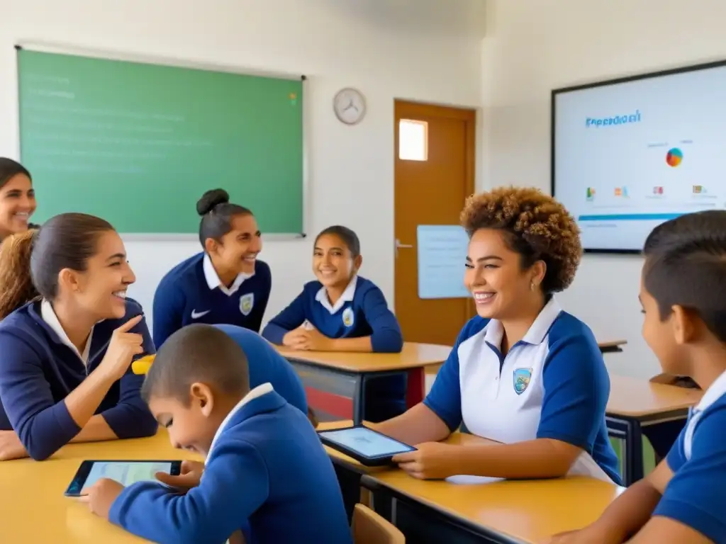 Estudiantes uruguayos disfrutan la gamificación en educación con tablets y pizarras en aula colorida