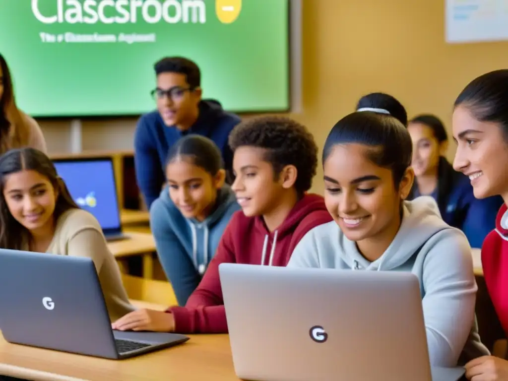 Estudiantes uruguayos utilizan Google Classroom en educación, participando activamente en la plataforma desde sus laptops en un aula moderna