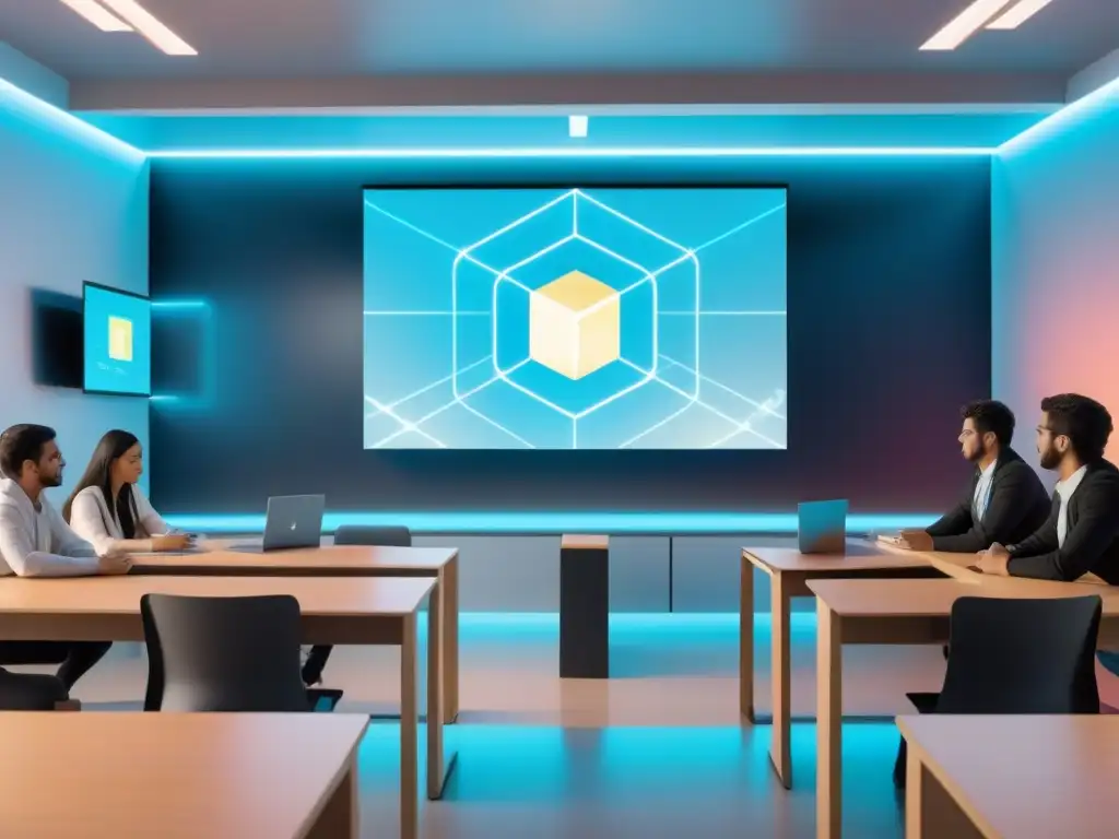 Aula futurista en Uruguay con tecnología blockchain holográfica Estudiantes uruguayos interactúan con plataformas educativas Blockchain en un aula futurista