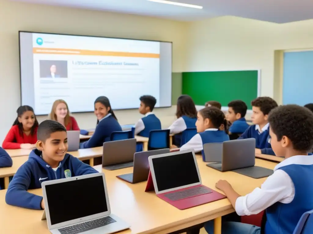 Estudiantes uruguayos colaborando en plataformas educativas gratuitas en un aula moderna y luminosa, con tecnología y libros