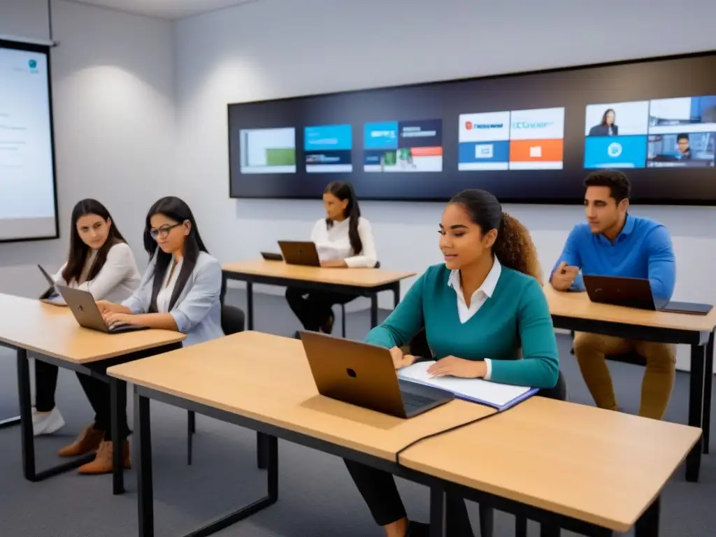 Estudiantes uruguayos disfrutando de plataformas elearning en un aula moderna y tecnológica