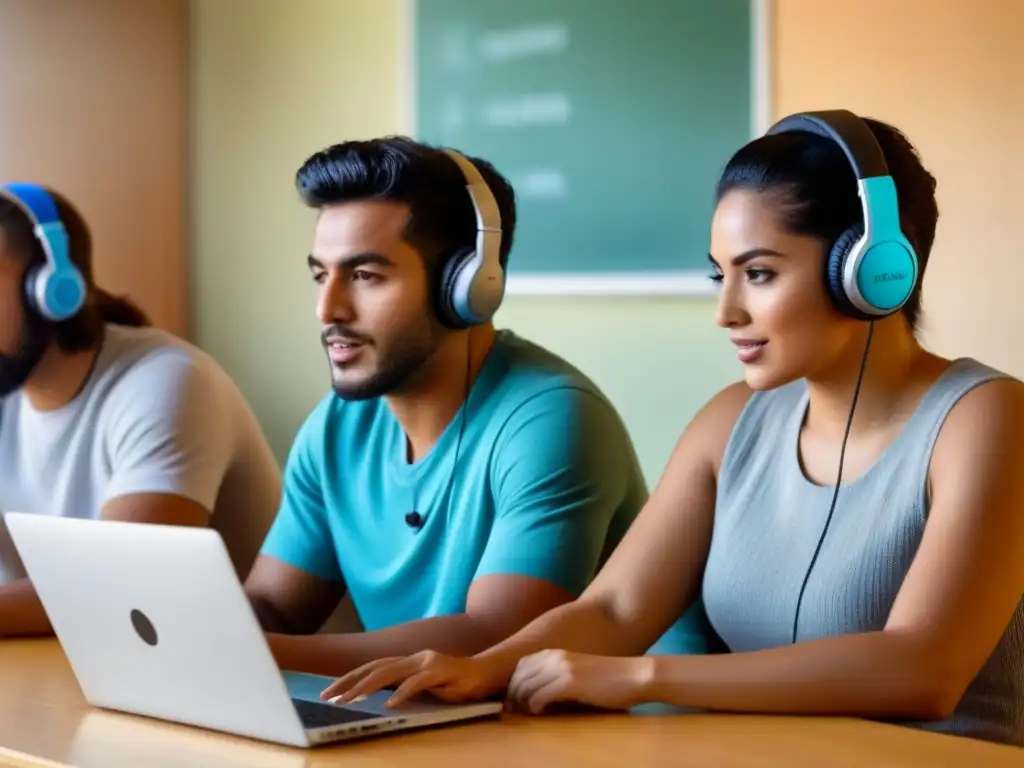 Estudiantes uruguayos diversos escuchando un podcast en una laptop