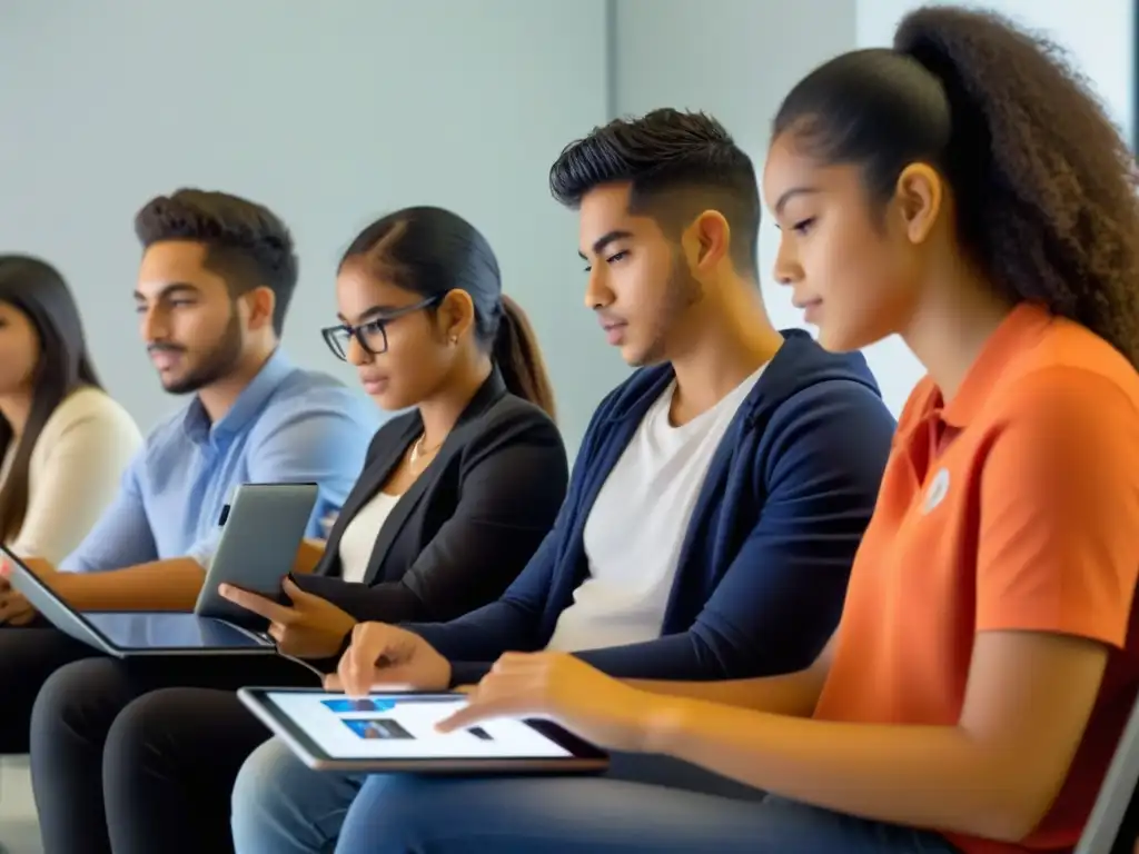 Estudiantes uruguayos presentan portafolios digitales en aula moderna, reflejando innovación y colaboración