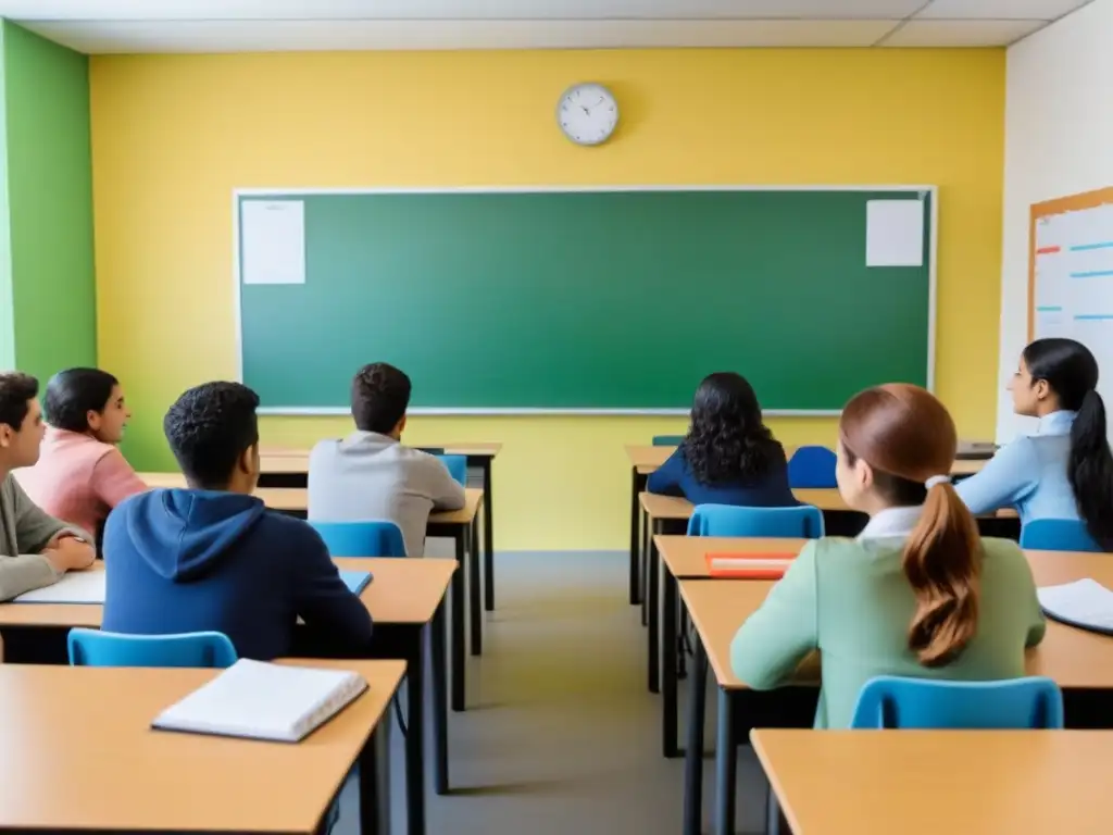 Estudiantes uruguayos disfrutan de la gamificación en la educación, colaborando y resolviendo problemas en un aula moderna y equipada