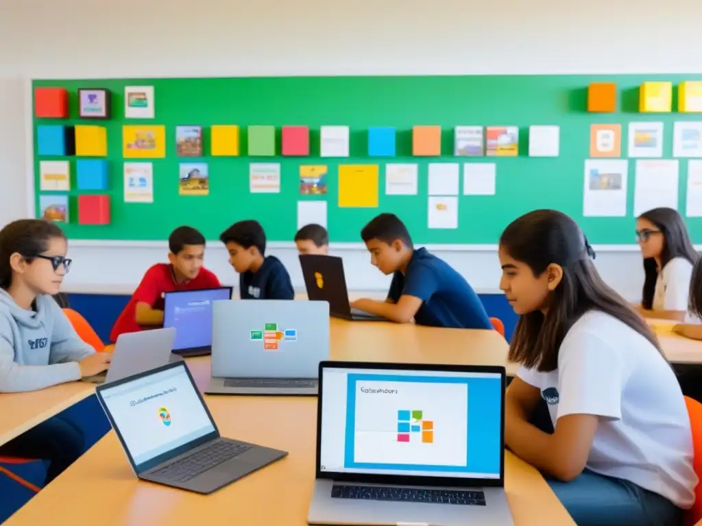 Estudiantes uruguayos colaborando en programación educativa con Scratch en un aula inspiradora