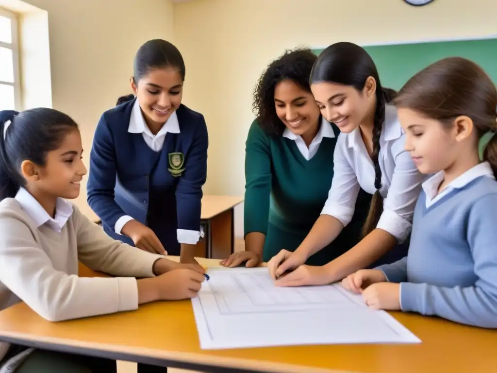 Estudiantes uruguayos colaboran en proyecto de Aprendizaje Basado en Proyectos Uruguay, mostrando trabajo en equipo y creatividad