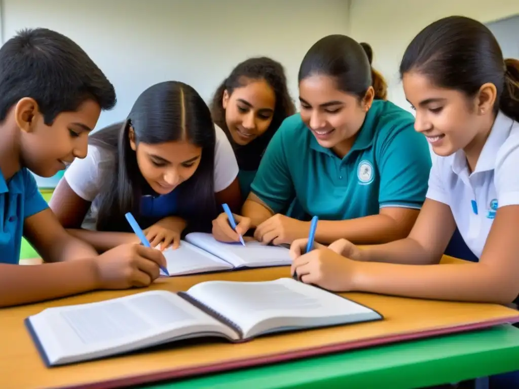 Estudiantes uruguayos colaboran en proyecto de Aprendizaje Basado en Proyectos en aula moderna y dinámica