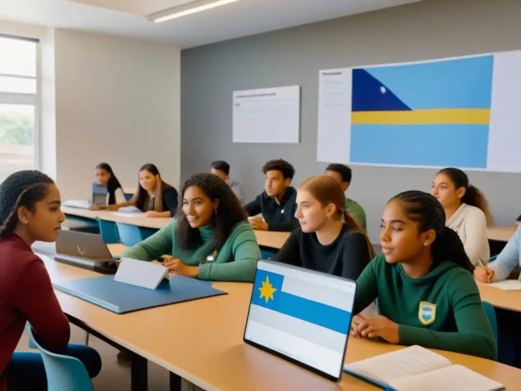 Estudiantes uruguayos colaborando en proyecto de aprendizaje basado en proyectos en aula moderna