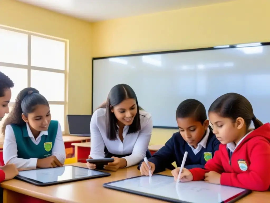 Estudiantes uruguayos colaborando en proyecto digital con tabletas educativas, pizarras interactivas y carteles educativos coloridos