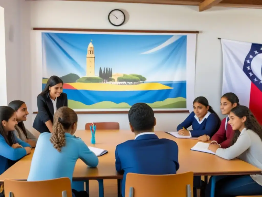 Estudiantes uruguayos colaborando en proyecto educativo, reflejando la cultura uruguaya en un aula moderna