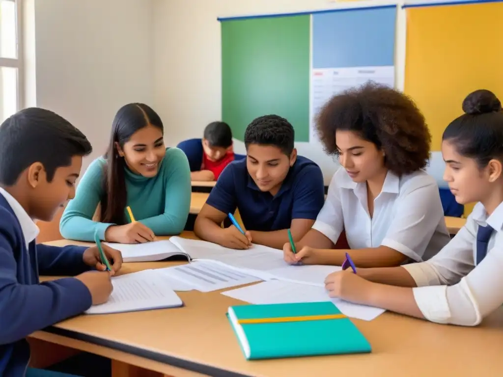 Estudiantes uruguayos colaborando en un proyecto educativo, representando el Aprendizaje Basado en Proyectos Uruguay