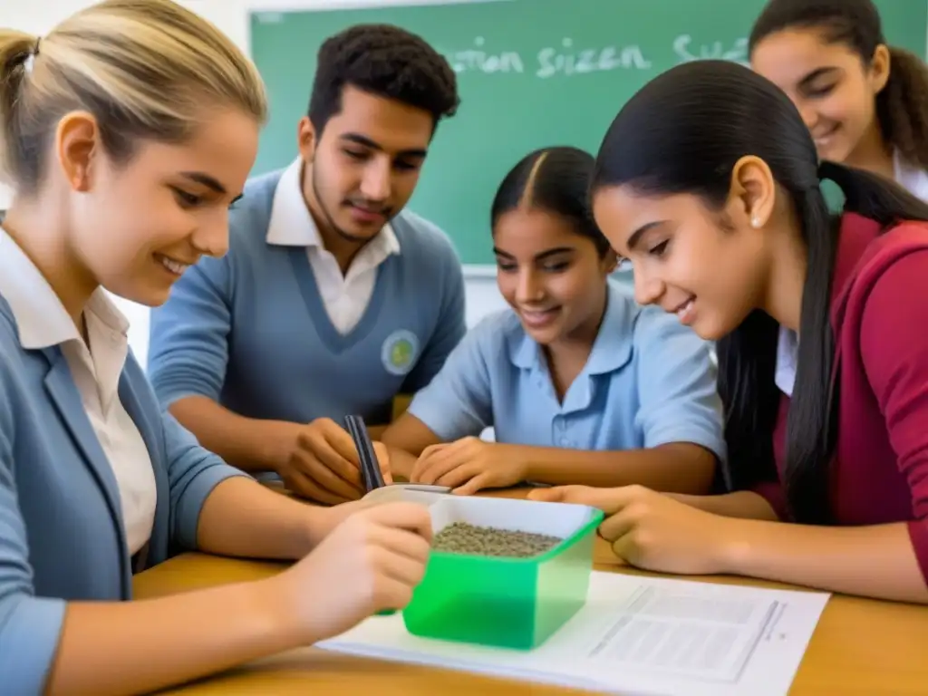 Estudiantes uruguayos realizando proyectos de ciencias ciudadanas con entusiasmo y concentración en un aula