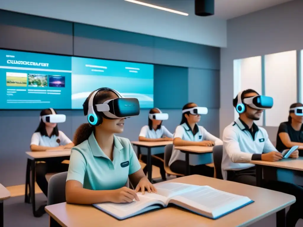 Salón de clases futurista en Uruguay: realidad virtual educativa Estudiantes uruguayos disfrutan de la educación con realidad aumentada y tecnología innovadora