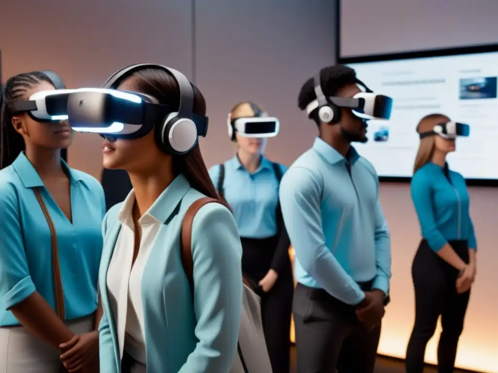 Estudiantes uruguayos en realidad virtual, explorando un aula futurista con herramientas educativas interactivas