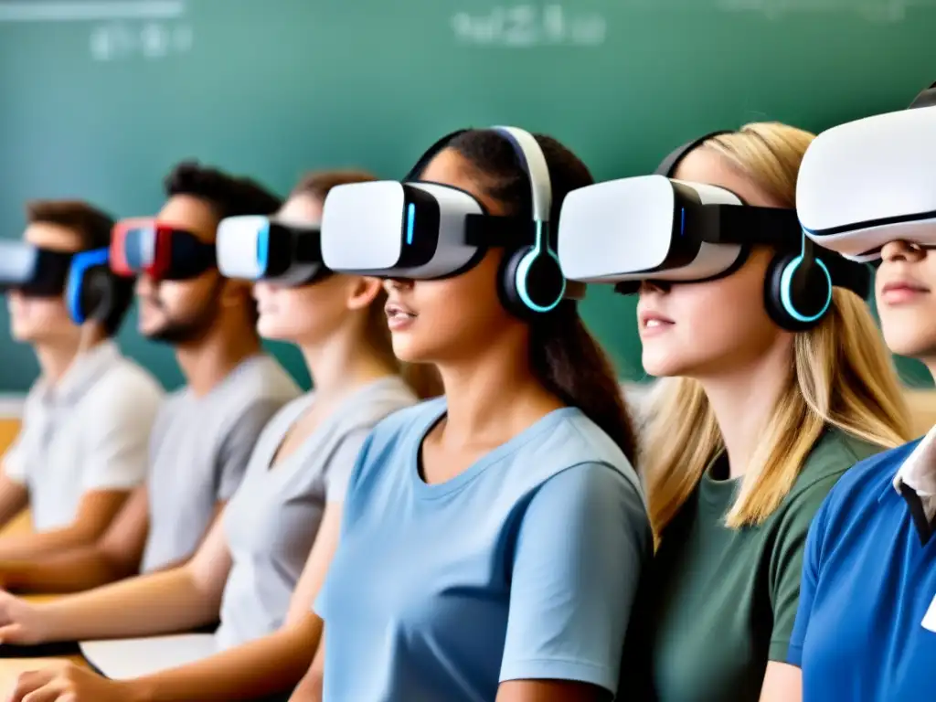 Estudiantes uruguayos usando realidad virtual en educación, con expresiones de asombro y curiosidad