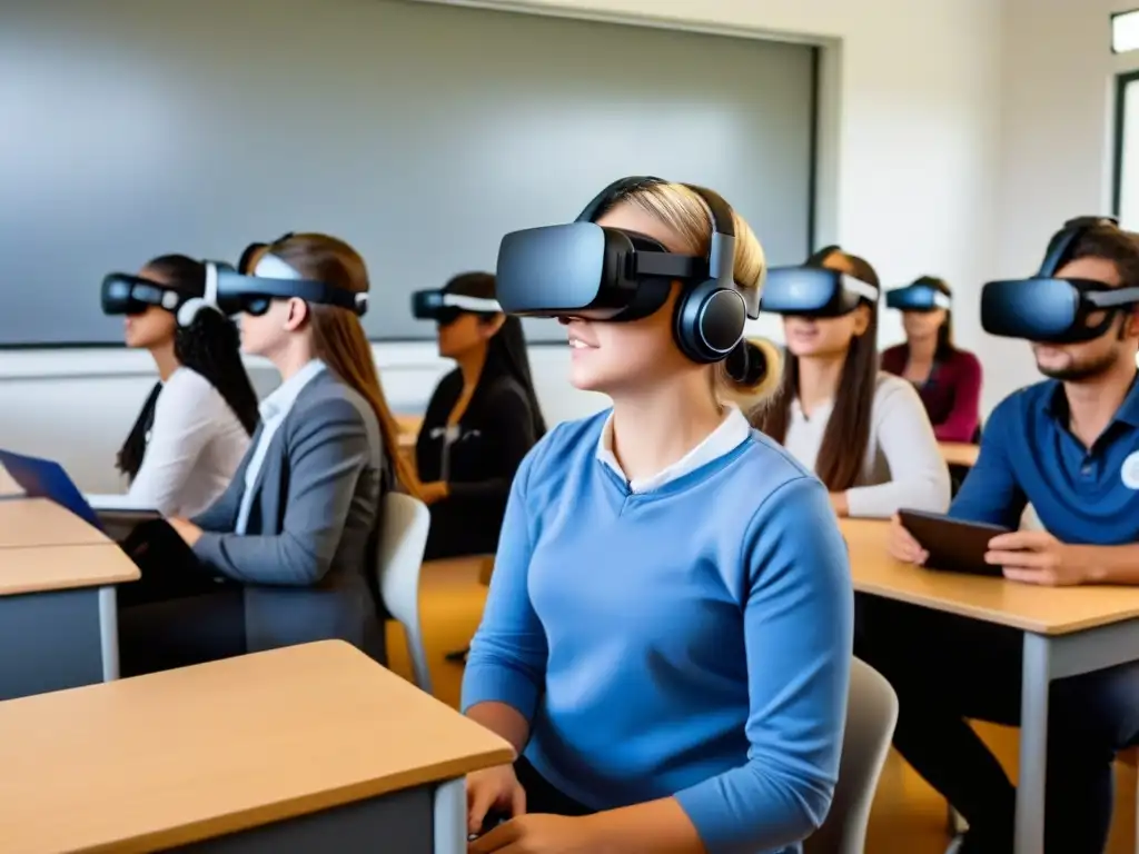 Estudiantes uruguayos disfrutan de la Realidad Virtual en un aula moderna equipada con tecnología futurista