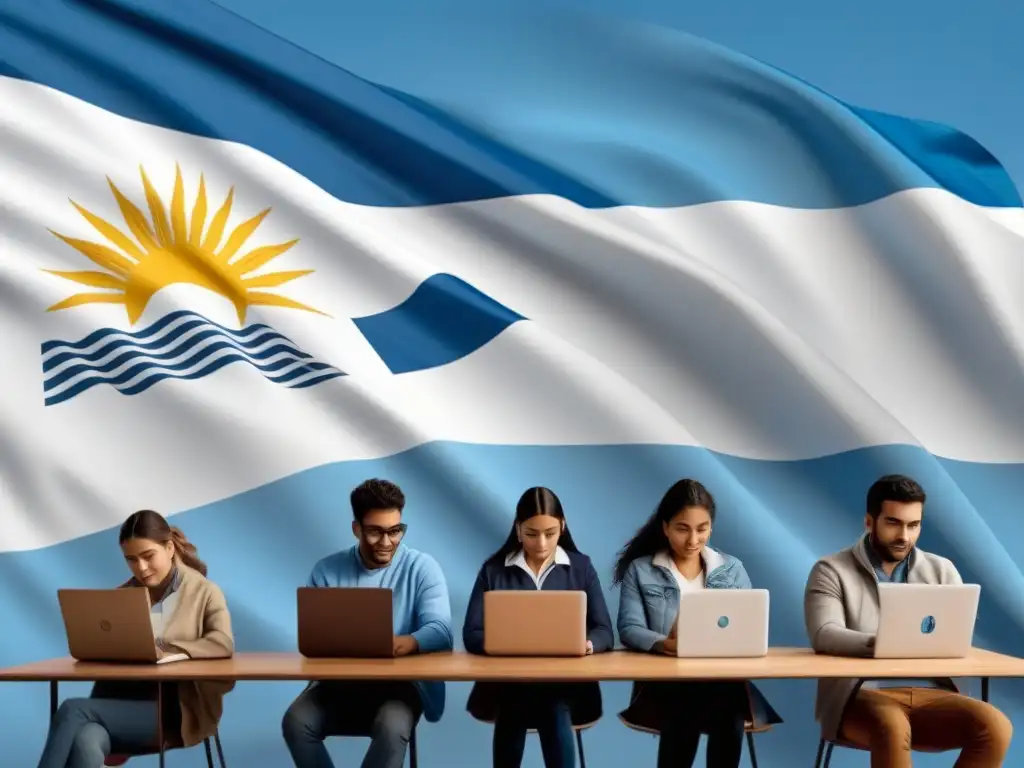 Estudiantes uruguayos muestran resiliencia en educación a distancia frente a la bandera de Uruguay