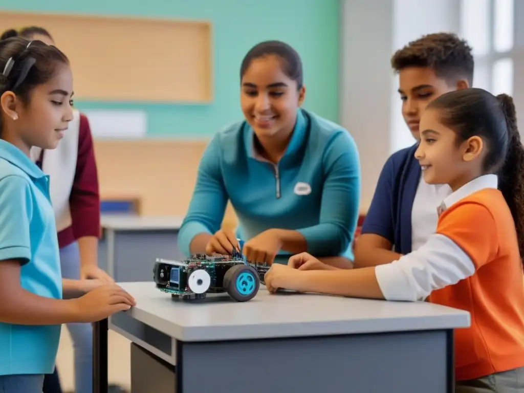 Estudiantes uruguayos disfrutan de la robótica educativa en un aula futurista, fomentando la innovación y el trabajo en equipo