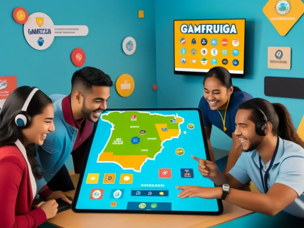 Estudiantes uruguayos disfrutan de la gamificación en educación rodeados de elementos de juego en un entorno virtual colorido