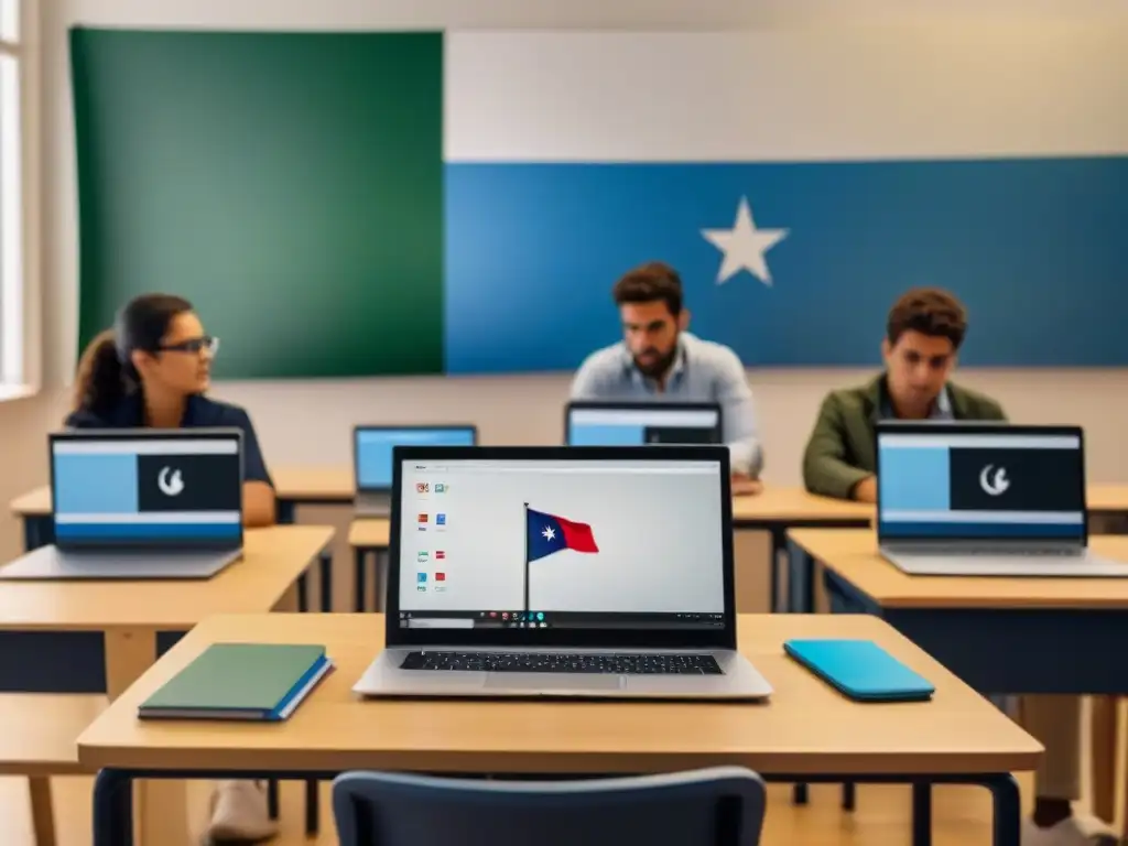 Estudiantes uruguayos usando software educativo open source en un aula moderna con la bandera nacional al fondo